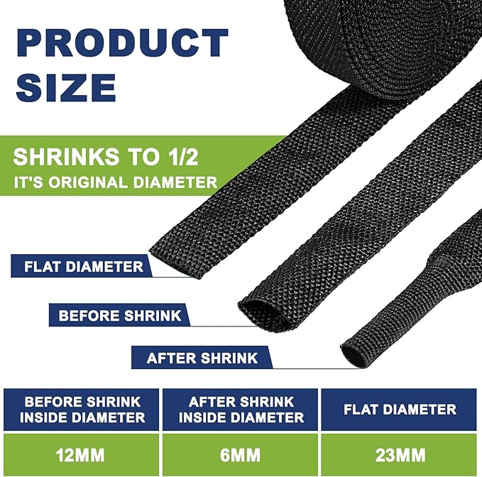 2:1Heat Shrink Wire Loom Braided Cable Sleeves,Heat Resistant Fabric Woven Shrink Tubing Wiring Harness for Protection Automotive,Harness Cable,Cable Management (1/2"-12ft)