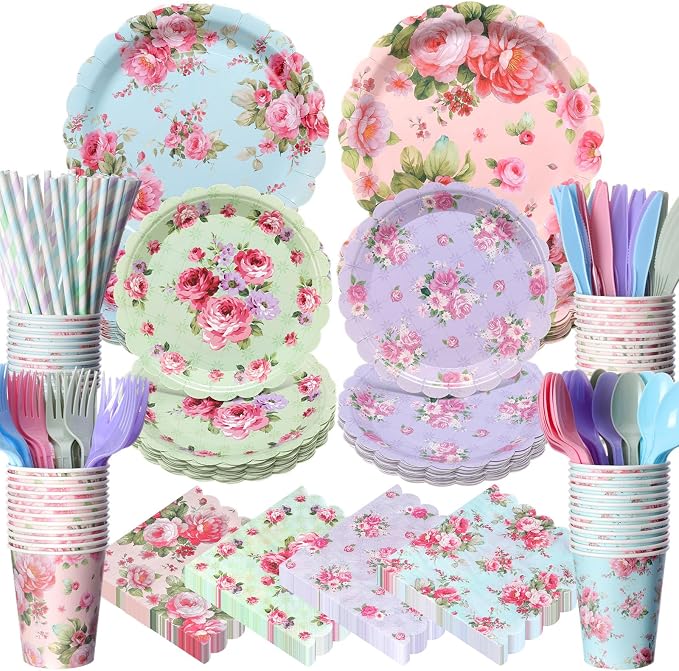 450 Pcs Vintage Floral Tableware Set Tea Party Decorations Floral Paper Plates by Unknown