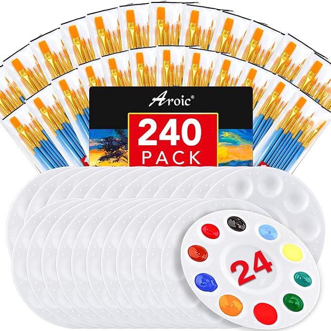 AROIC Paint Brushes Palette Set, 24 Pack/240Pcs Acrylic Paint Brushes and 24 by AROIC