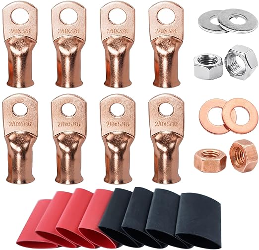 2/0 AWG Battery Lugs 00 Gauge Copper Lugs 2/0 AWG 3/8" & 5/16" Ring Terminals Cable Lugs, 00 AWG Bare Copper Lugs Kit 8 PCS 00 Gauge Wire Lugs + 8PCS 3:1 Heat Shrinks + Hex Nuts + Flat Washers