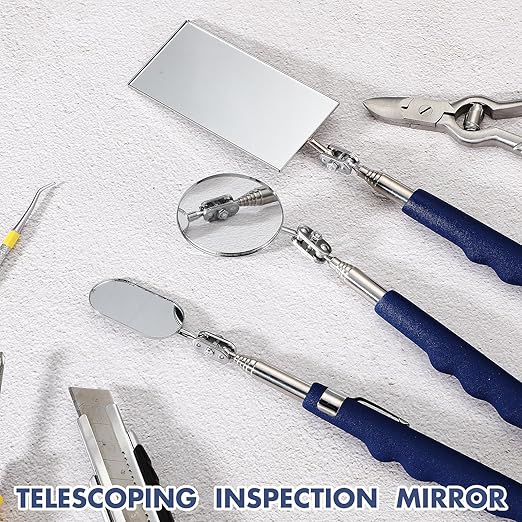 3 Pieces Telescoping Inspection Mirror Stainless Steel Extendable Mechanic Mirror with Long Handle Tool for Technicians Mechanics Contractors(50/50/25 mm,Square,Round,Oval)