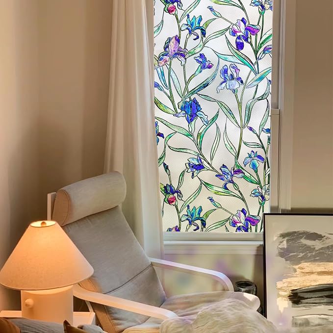 Coavas Window Privacy Film: Stained Glass Window Film Decorative 3D Violets - Image 2