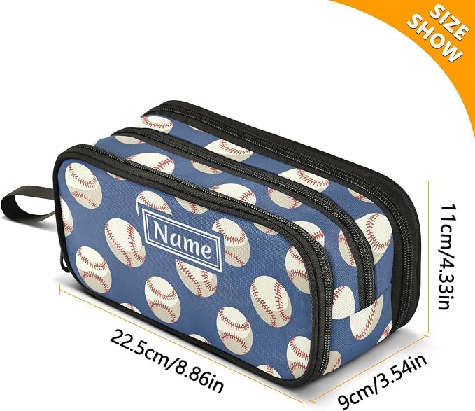 Custom Baseballs Ball Blue Pencil Case Box Boys Girls Personalized Name Large - Image 4