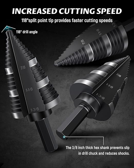 LICHAMP Double Fluted Step Drill Bit for Cutting Metal Hole 19 Sizes from 3/16 to 1-3/8 inch, Genuine High Speed Steel