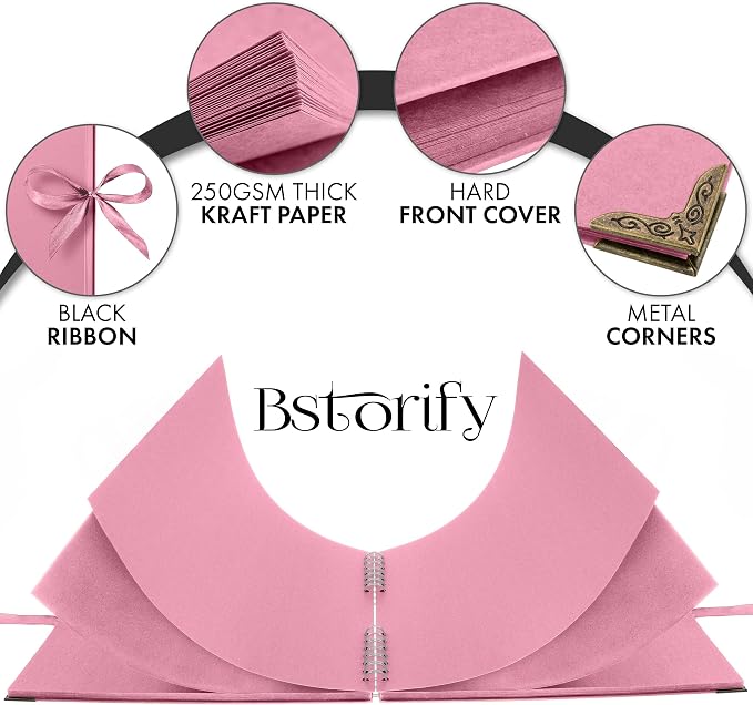 Bstorify Square Scrapbook Photo Albums 80 Pages Pink Thick Paper, Ribbon Closure - Image 3