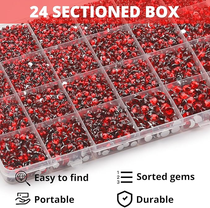 32000Pcs Red Rhinestones for Bedazzling, Siam Assorted Sizes 2-6MM Flatback - Image 3