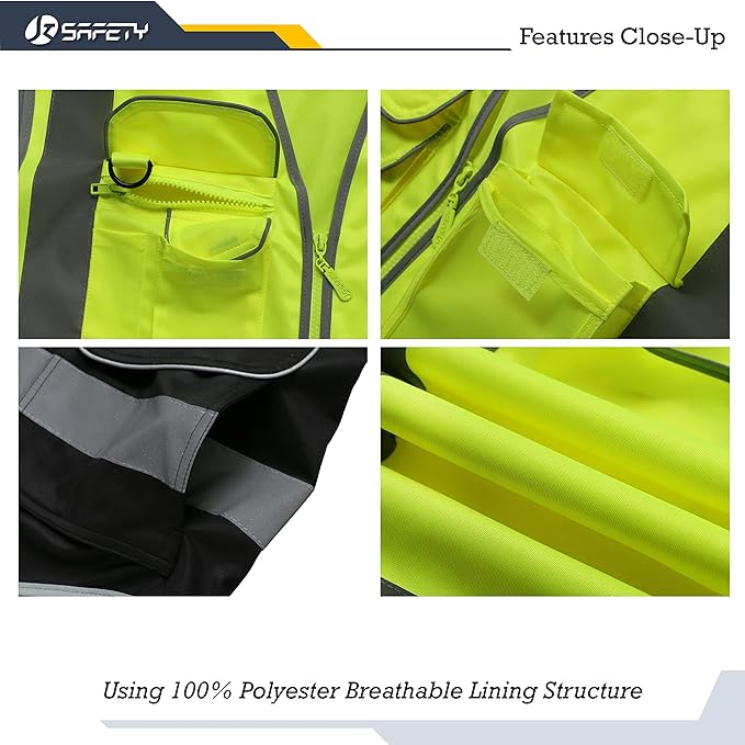 JKSafety 9 Pockets High Visible Reflective Safety Vest Zipper Front Breathable Lining, Yellow-Black Meets ANSI/ISEA Standards(150-Yellow-Black, XXL