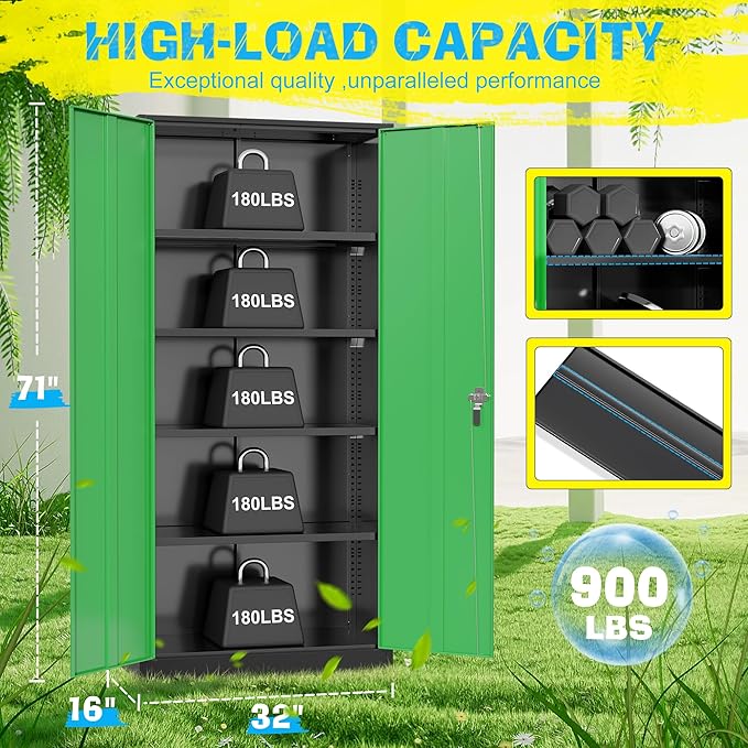 Pataku Metal Storage Cabinet, 71" Garage Cabinet with Doors and Shelves Lockable Steel Multifunctional Cabinets, File Cabinets for Home, Office, Warehouse(Dark Green)