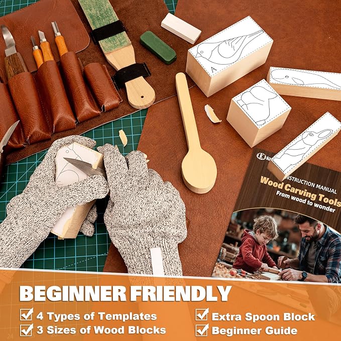 Wood Carving Kit, 32Pcs Wood Carving Tools with PU Storage Bag, Wood Whittling Knife Kit with 4pcs Templates & 11pcs Wood Carving Knives for Wood DIY Beginners