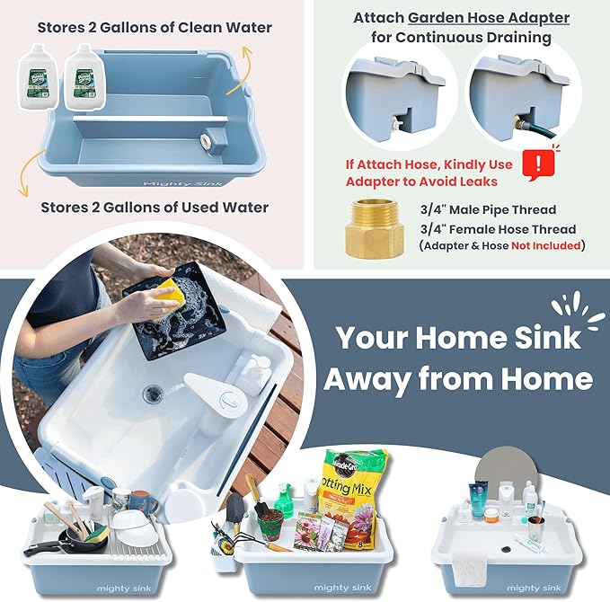 Portable Sink: Patented Wash Station with Electronic Faucet | 2 Gallons | Easy Setup | Indoor & Outdoor Use | Ideal for Dishwashing, Camping Hygiene, Gardening, Pottery & More