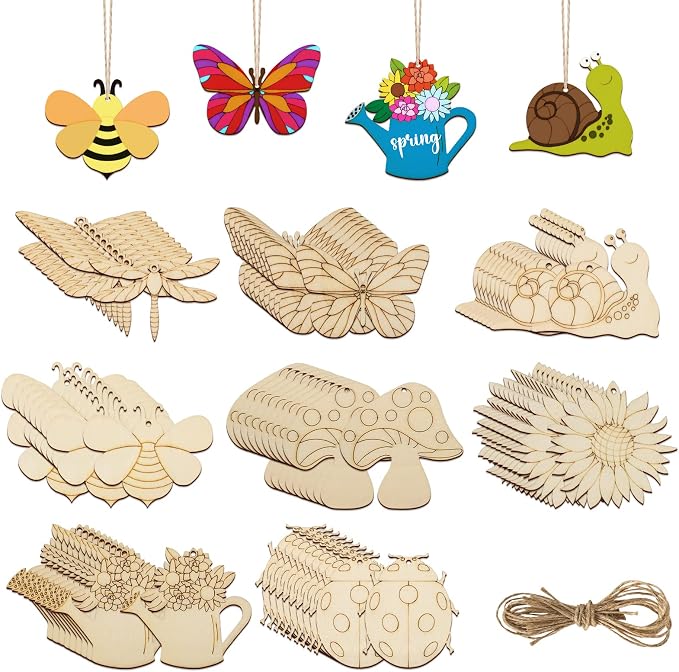 80PCS Wooden Spring Ornaments to Paint, 8 Styles DIY Blank Unfinished Wood by Sophena