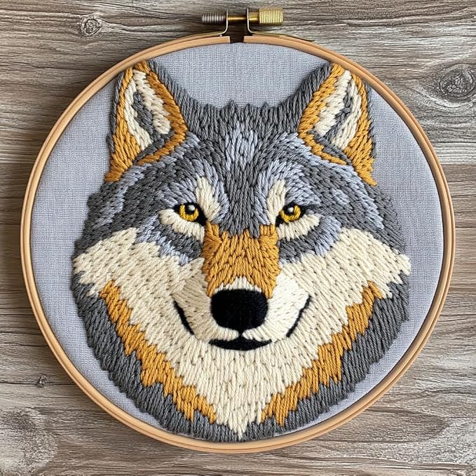 DIY Punch Needle Kits Cartoon Grey Wolf Head by Unknown