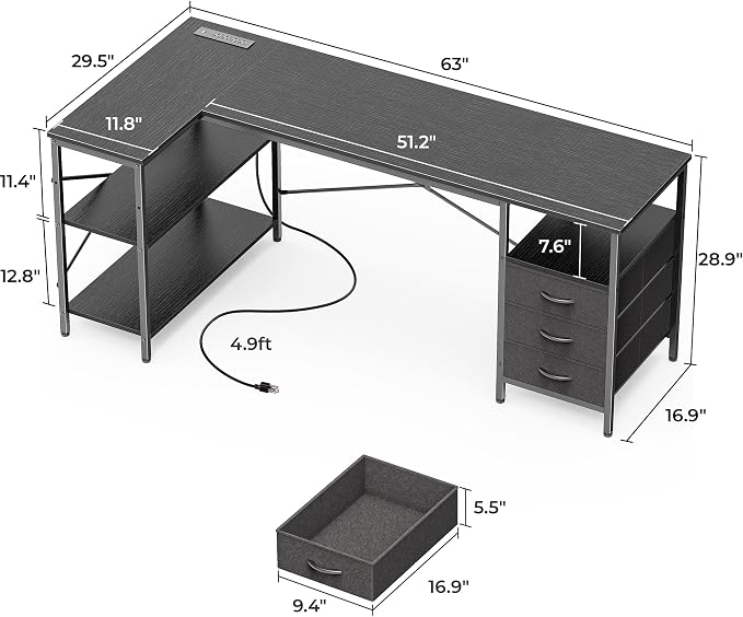 Huuger L Shaped Desk with Power Outlets, 63 Inch Reversible Computer Desk with - Image 7