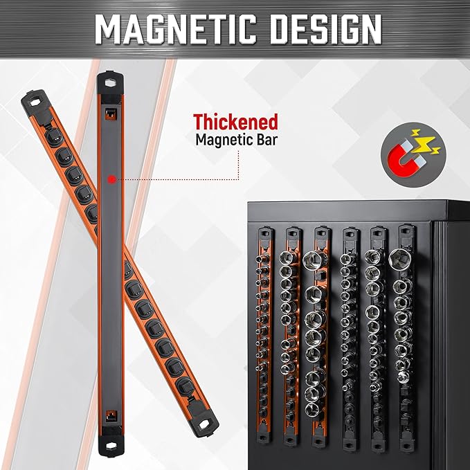 ALOANES 6-Piece Magnetic Socket Organizer, Heavy Duty Aluminum Socket Rails Organizer, 360° Swivel Clips Socket Holder Kit for Tool Box, 1/2, 3/8, 1/4-Inch Socket Holder x 80 Clips (Orange)