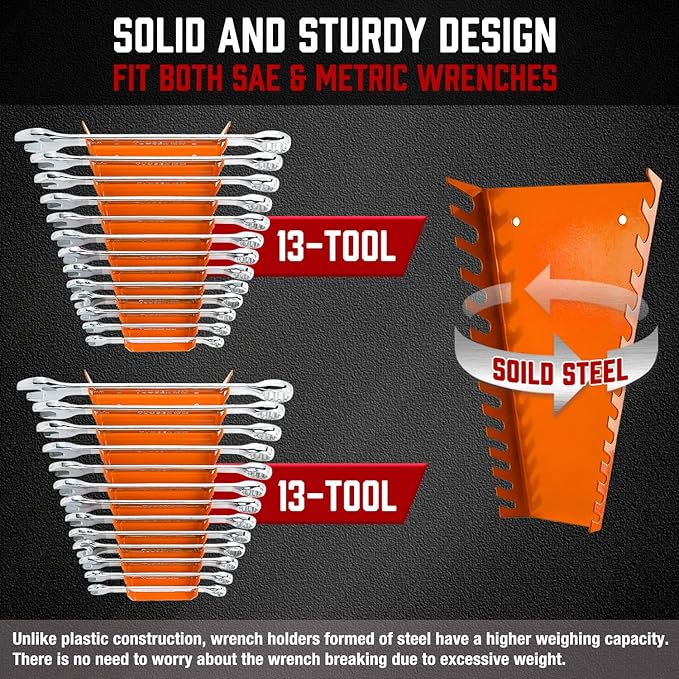 ALOANES 78-Slot Metal Wrench Organizer, Heavy Duty Wrench Organizer Tray for Tool Box, Fit SAE & Metric Wrench Storage, 6 Pack Wrench Holders(Orange)