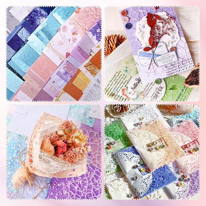 156Sheets Textured Scrapbook Paper & Mesh Fabric Assorted Set+30 Buttons - Image 3