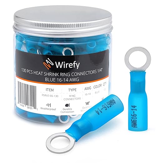 Wirefy 130 PCS Heat Shrink Ring Terminals 1/4" - a Resistant Ring Connectors - Eyelet Wire Connectors - Blue 16-14 AWG