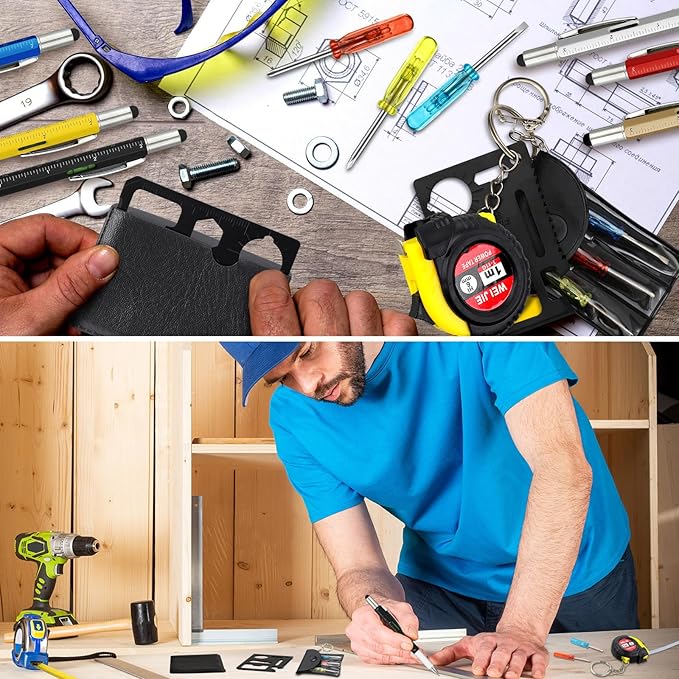 240 Pcs Mini Tape Screwdriver Keychain Set Christmas Men Gifts Bulk Adult Party Favors Multitool Pen Card Tool Measuring Keychains Stocking Christmas Stuffers for Men Dad (Red,Yellow,Blue)