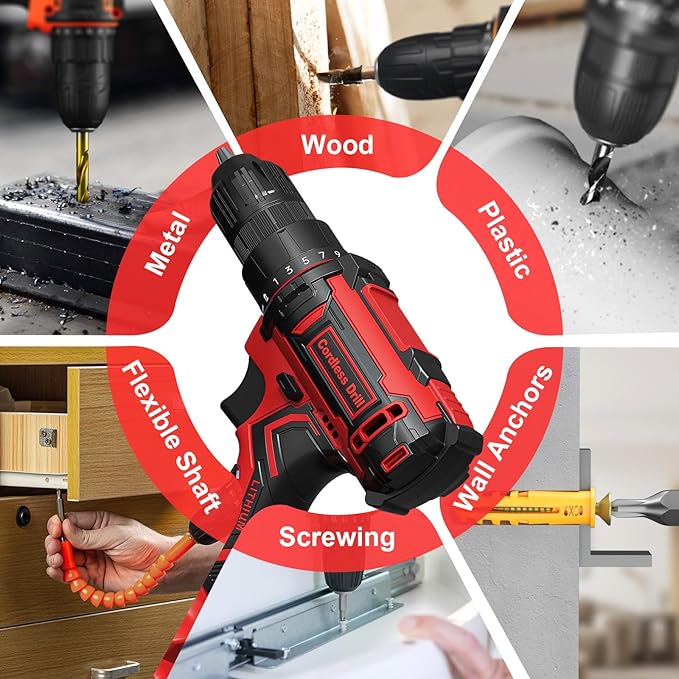 Cordless Drill, 20V Power Drill, Double 2000mAh Power Pack Electric Drills, Cordless Drills with Power Pack and Charger, 3/8" Keyless Chuck Screwdriver with 25+1 Max 370 In-lb Torque, 42Pcs Bits