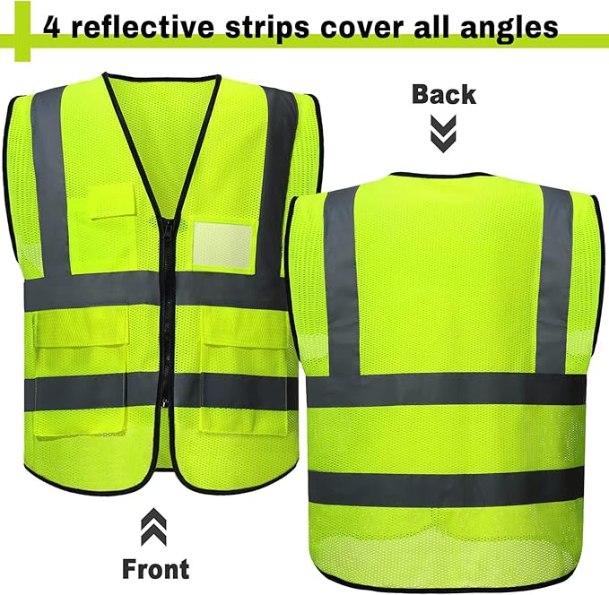 40 Pack Safety Vests Bulk Yellow Reflective High Visibility Vest with Mesh Pocket Zipper, Hi Vis Silver Strip for Men, Neon