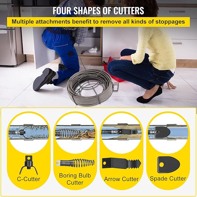 VEVOR Drain Cleaning Cable 50 Feet x 3/8 Inch Solid Core Cable Sewer Cable Drain Auger Cable Cleaner Snake Clog Pipe Drain Cleaning Cable Drain Auger Snake Pipe