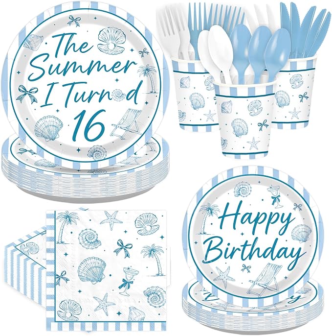 168 Pcs Summer 16th Seashell Birthday Party Decorations Serves 24 | Coastal by Greencian