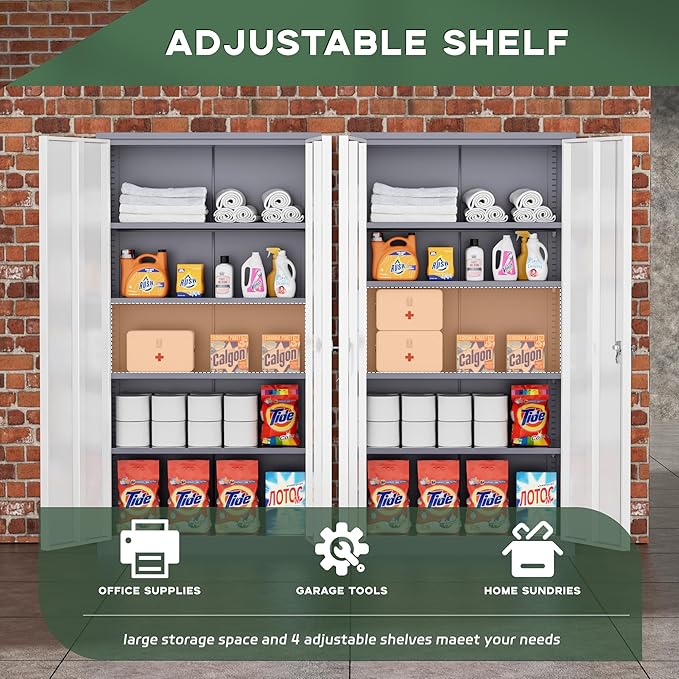 Greenvelly Metal Garage Storage Cabinet, 72" Locking Metal Cabinet with 2 Doors and 4 Adjustable Shelves, Grey White Steel Tool Organization for Home, Office, Garage (36" W x 18" D)
