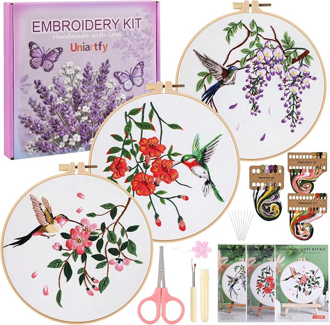 Embroidery Kit for Beginners, 3 Pack Hummingbird and Flower Cross Stitch Kits by Uniartfy