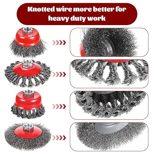12 Pack Wire Wheel for Angle Grinder Coarse Crimped and Knotted Wire Wheel Brush Cup Set 4 1/2 Angle Grinder Attachments with 5/8-11 UNC Threaded Arbor for Rust Paint Removal