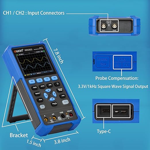 HDS2202 Oscilloscope, 2 in 1 Dual Channel 200MHz Bandwidth Handheld Oscilloscope Multimeter with 1GSa/s Sample Rate for Automobile Measurements, Electronic Measurement Oscillograph