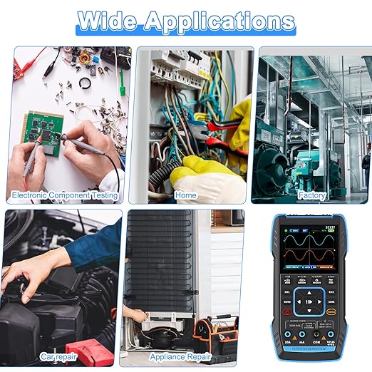 3 in 1 Handheld Oscilloscope Multimeter DDS Generator with 2 Channels, 10000 Counts, 10MHz Bandwidth, 50MSa/s Sampling Rate, AC/DC, Voltage, Current, Capacitance, Resistance, Diode, Continuity Test