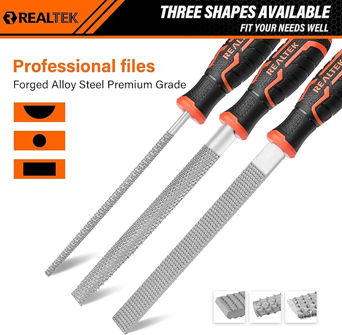 REALTEK 3-Piece 12" Wood Rasp File Set with 4" Longer Rubber Grip, T12 High Carbon Wood File Set for Woodworking, Flat/Half Round/Round Perfect Files for Wood Manual Cutting and Sharping