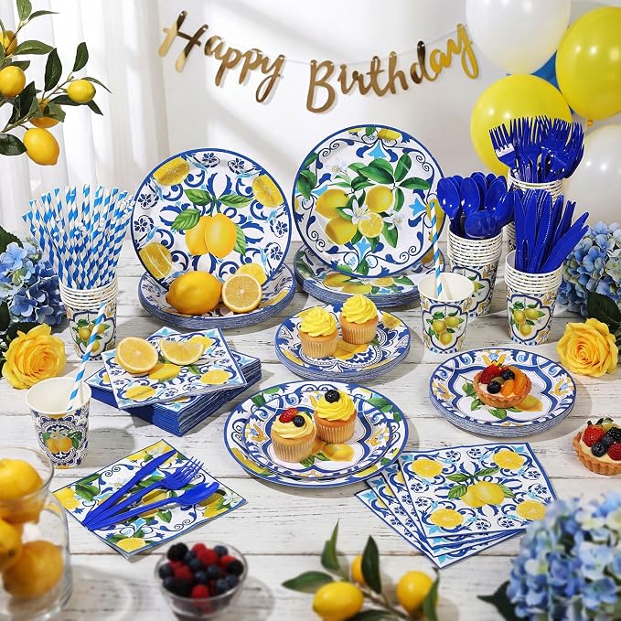 450 Pcs Capri Lemon Party Tableware Set Decorations Mediterranean Blue and - Image 6