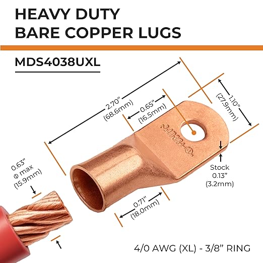 SELTERM 10pcs 4/0 AWG (XL) - 3/8" Stud - Heavy Duty Wire Lugs, Ring Terminals, Battery Cable Ends, 0000 Gauge Terminals, UL Bare Copper Eyelets Electrical Terminal Connectors