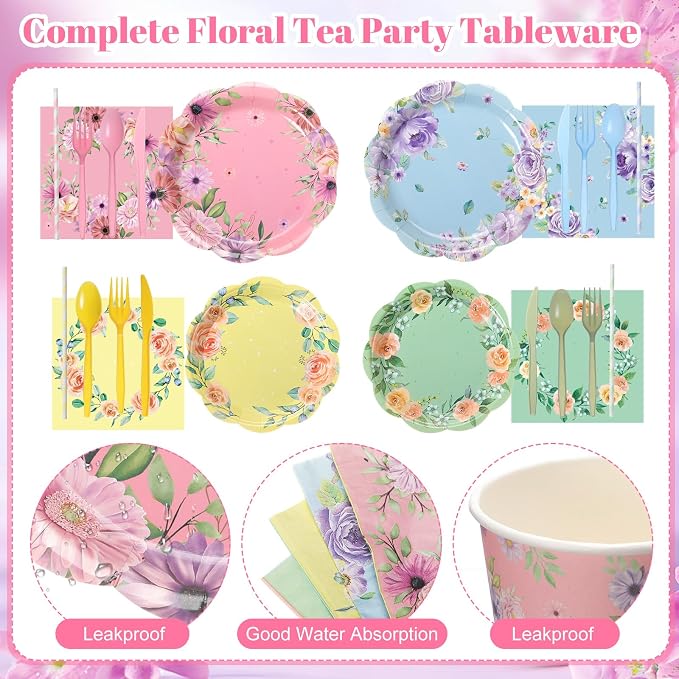 450 Pcs Floral Tea Party Tableware Set Decorations Scalloped Flower Paper - Image 3