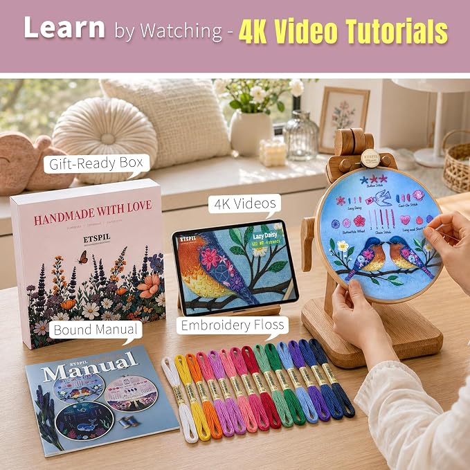 ETSPIL Beginner Embroidery Kit for Adults, Full-Color Print, 4K Video | - Image 2