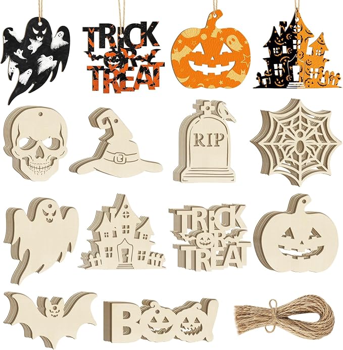80PCS Wooden Halloween Ornaments to Paint Fall Decorations, 10 Styles DIY Blank by Sophena