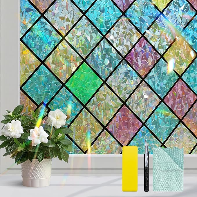 Bloss Stained Glass Window Film, 3D Rainbow Windows Privacy Film, Colorful by Bloss