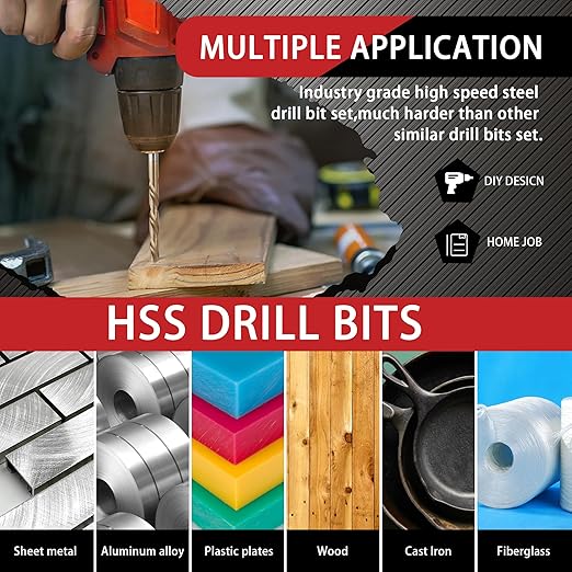230 Pcs Drill Bit Set, 135° Tip Titanium Coated High Speed Steel, Twist Drill Bit Kit for Iron, Aluminum Alloy, Copper, Wood, Plastic, with Hard Storage Indexed Box 3/64''-1/2''