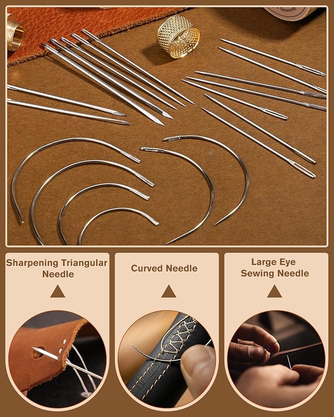 FOUSNOW Leather Sewing Kit, Leather Needles for Hand Stitching, Stitching Kit with Waxed Thread Upholstery Needle Binder Clips Heavy Duty Sewing Kit for Shoes Bags Canvas