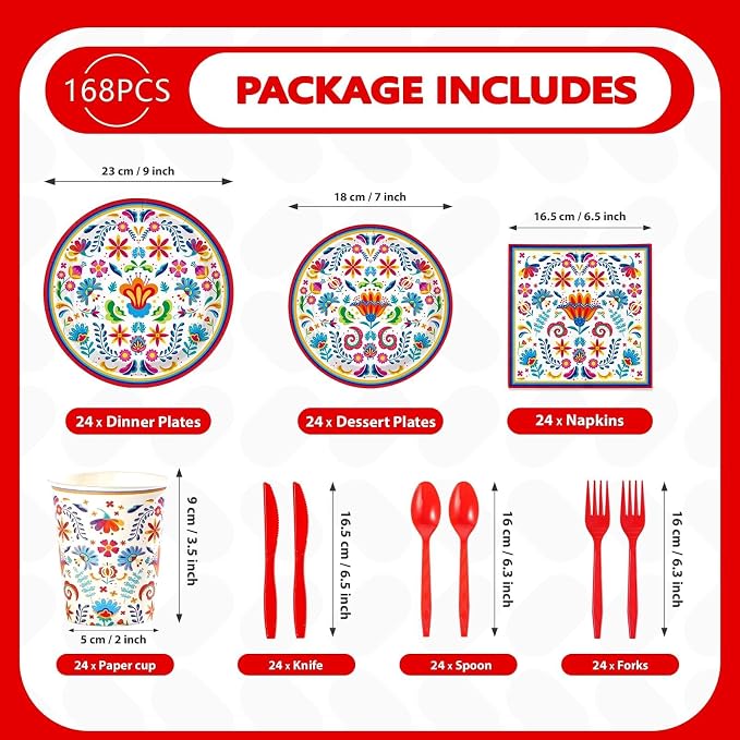 168Pcs Mexican Fiesta Party Decorations, Serves 24 | Mexican Floral Plates and - Image 2