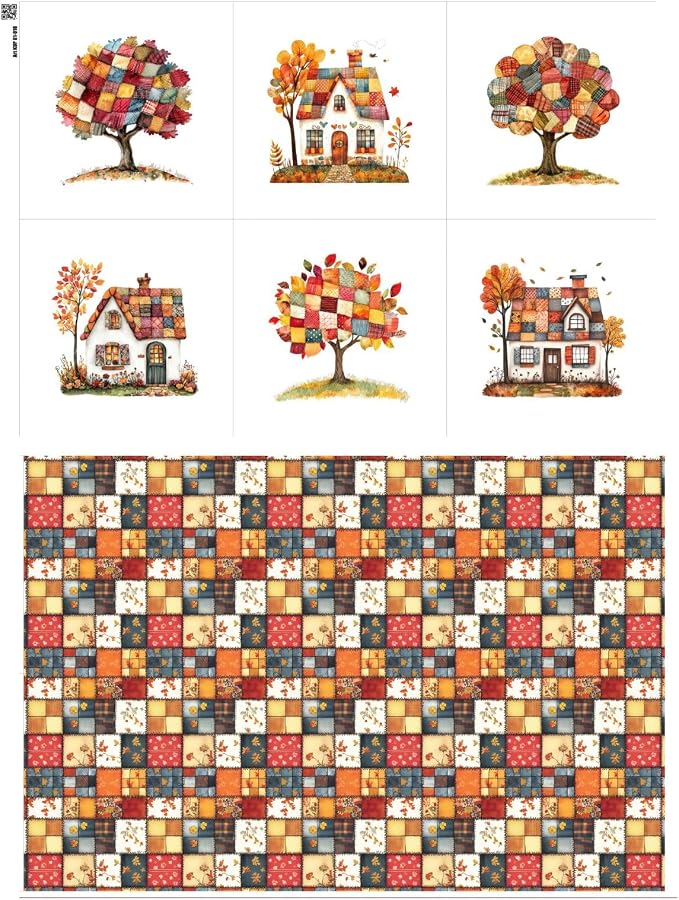 Autumn Patchwork Cottage Fabric Panel – Six 10×10 inch Designs + Bonus by FabricsTown