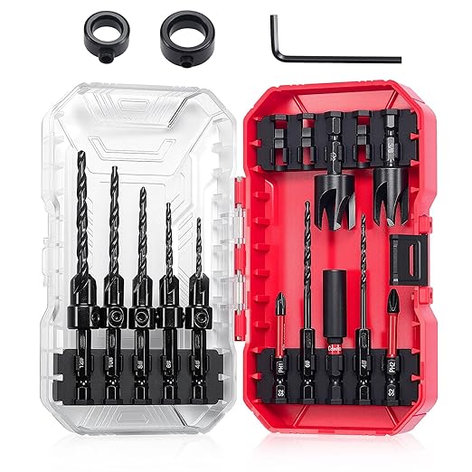15PCS Countersink Drill Bit Set, Woodworking Tapered Drill Bits, Plug Cutter, 1/4" Hex Shank