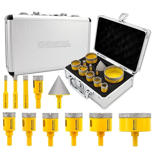 HIGHDRIL Diamond Drill Bits Kit with Triangle Shank for Porcelain Tile Ceramic Marble Brick Concrete Vacuum Brazed Hole Saw(6/8/10/20/25/28/32/35/45/65mm+50mm Hex Shank Chamfer Beveling Bit