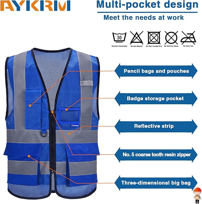 A-SAFETY High Visibility Mesh Safety Reflective Vest with Pockets and Zipper,Hi Viz Work Vest for Men Women (Blue Mesh 6XL-8XL)
