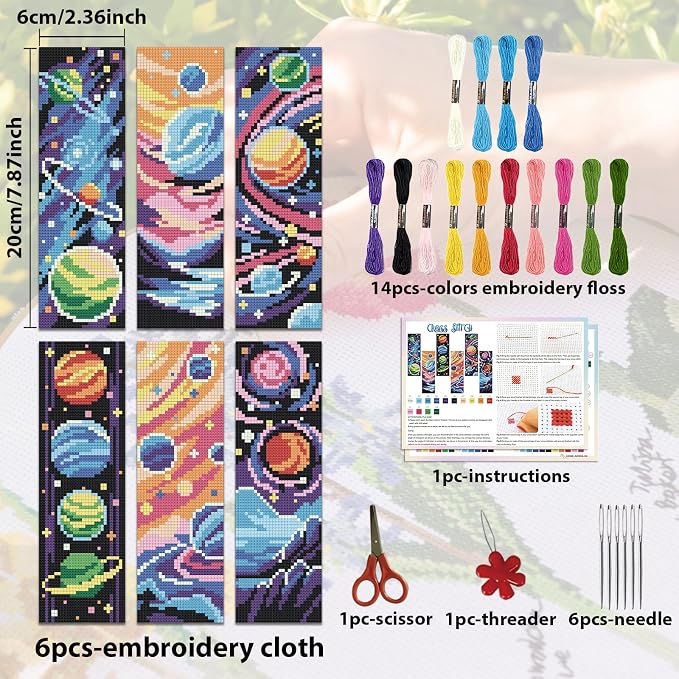 ACRNIGHEET 6PCS Cross Stitch Bookmark Kits Cosmic Planet Pattern Counted Cross - Image 2