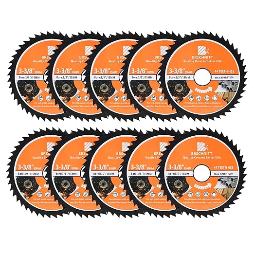 HSS Circular Saw Blade 3 3/8inch - BRSCHNITT 10pcs 44T 3/5"-3/8" Bore Cutting Discs for Cutting Wood, Copper, Aluminum, Plastic and Soft Metal