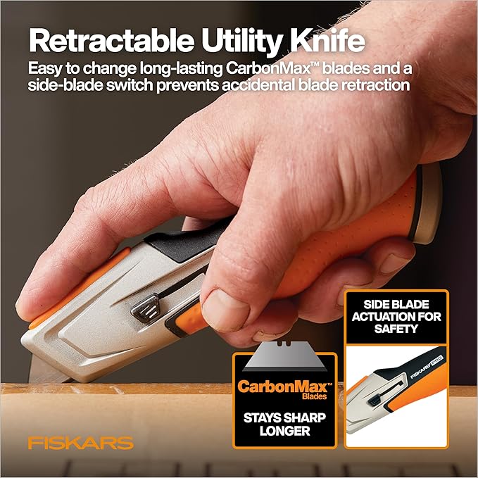 Fiskars Pro Retractable Utility Knife, Heavy Duty Box Cutter with CarbonMax Long-lasting Snap Blade, and Easy Hinge Open with Quick Blade Change and Storage, Orange/Black