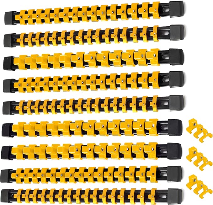 ALOANES 9 PC ABS Socket Organizer, 1/2 inch, 3/8 inch and 1/4 inch Drive Socket Rail Holders, Heavy Duty Socket Racks, Black Rails with Yellow Clips