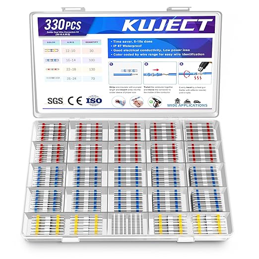 Kuject 330PCS Solder and Seal Butt Connectors Kit, Self-Solder Heat Shrink Wire Connectors, Waterproof and Insulated Electrical Butt Splice for Marine Automotive Aircraft Boat Truck Wire Joint